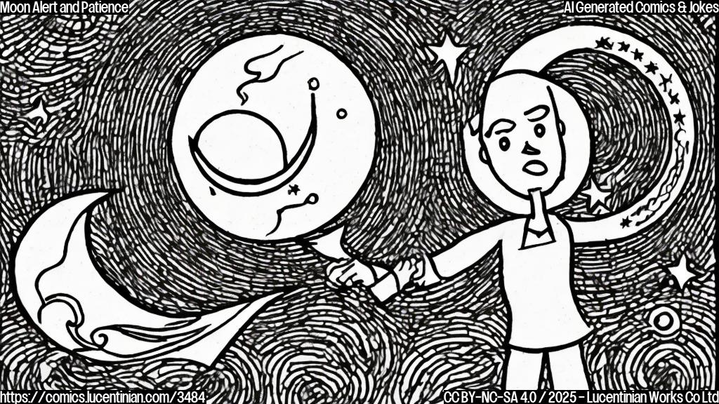 A simple cartoon drawing in plain colors of an astrologer with a worried face looking at a moon with a lightning bolt symbol.