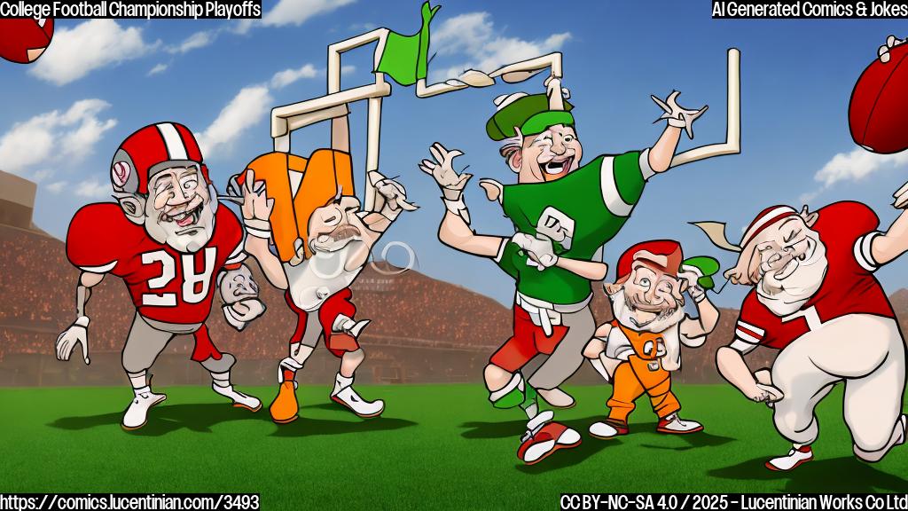 A cartoon of two college football mascots, one a buckeye with a ladder, and the other a leprechaun looking up in surprise. Simple color palette, plain background.