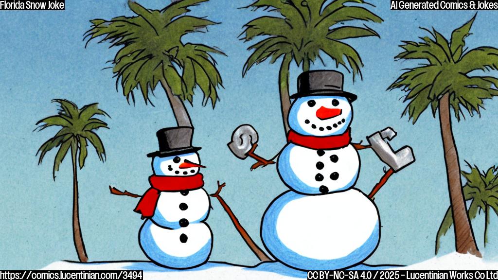 A simple cartoon drawing of a snowman wearing a hard hat and tool belt, with a background of a simplified Florida landscape (palm trees, sunshine).