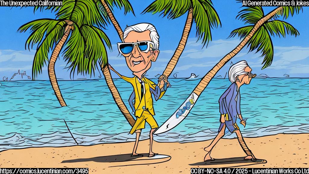 A cartoon drawing in a plain color style of a man with silver hair wearing a suit and sunglasses, carrying a surfboard, walking on a sunny beach with palm trees in the background.