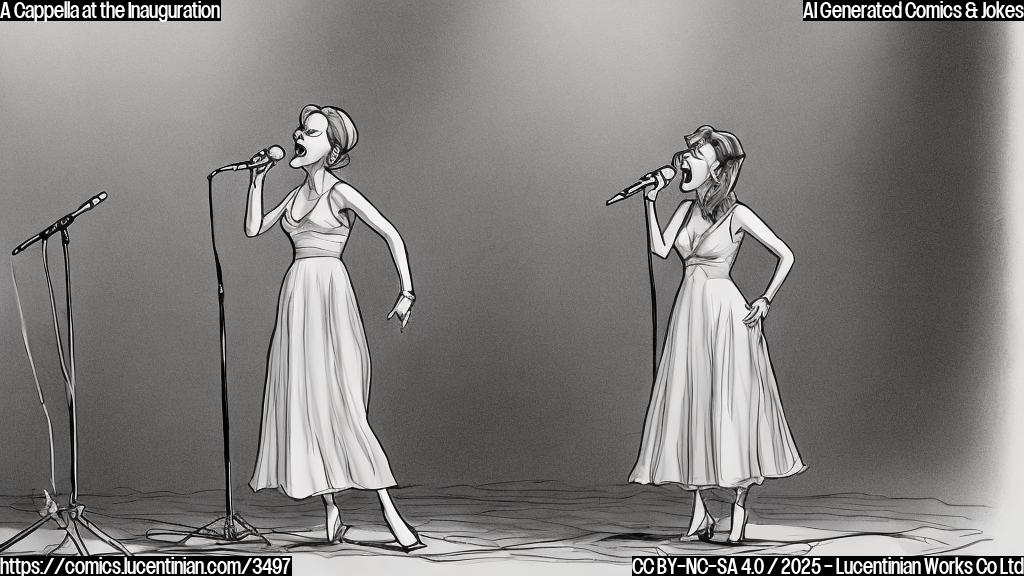 A cartoon drawing of a singer in a simple dress, singing on a stage, with a red X through the microphone stand beside her. The drawing is in plain color, without intricate details.