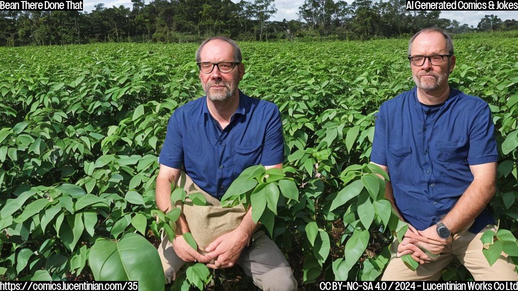 A bespectacled, middle-aged man with a stern expression sits on a bean-filled sack, surrounded by rows of green coffee plants. In the background, two modern agricultural buildings loom large, symbolizing innovation and progress.