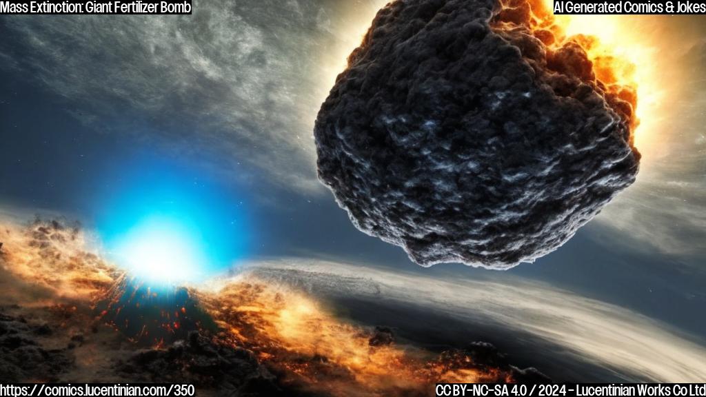 a giant, glowing rock crashes into Earth's surface, causing massive earthquakes and tsunamis, with a large cloud of debris and dust in the sky