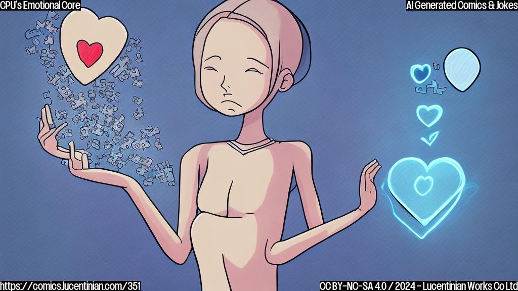 Draw a simple cartoon-style image of a human-like CPU with a puzzled expression, holding an emotional heart in one hand and a core processor in the other. The background should be a light blue color to represent calmness and serenity.