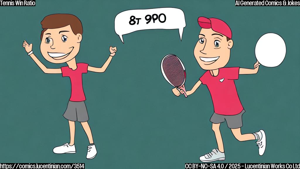 A simple cartoon of a tennis player smiling triumphantly, holding a trophy, with a speech bubble above them containing the number "85%". The style should be minimalist, using only a few solid colours.  Background should be a light green tennis court.