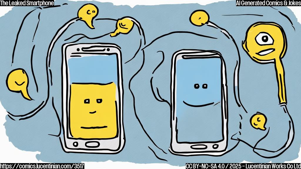 A simple cartoon drawing in plain colors of a smartphone character lying in bed with eyes wide open, with a thought bubble above it showing a blurry image of a new phone with many lines and icons indicating leaks and secrets. The background is a plain light blue color. The style should be minimalist and child-friendly.