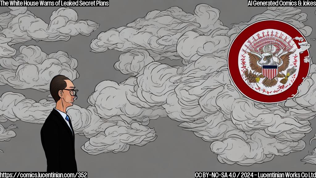 Draw a plain color cartoon style picture of a serious-looking government official looking at a classified document with a worried expression, surrounded by swirling clouds of smoke and red alerts on screens in the background.
