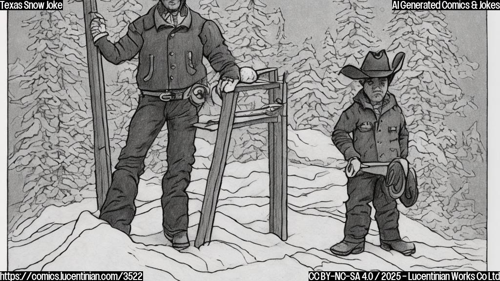 A cartoon drawing in plain colors of a person with cowboy hat and boots standing next to a very small snowdrift and holding a ladder. The style should be simple and humorous.