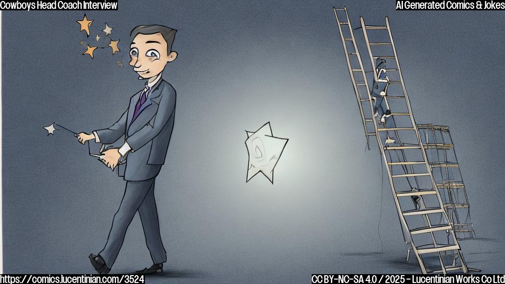 A cartoon drawing of a person in a suit carrying a ladder, walking towards a large building with a star on it, in a plain blue color.