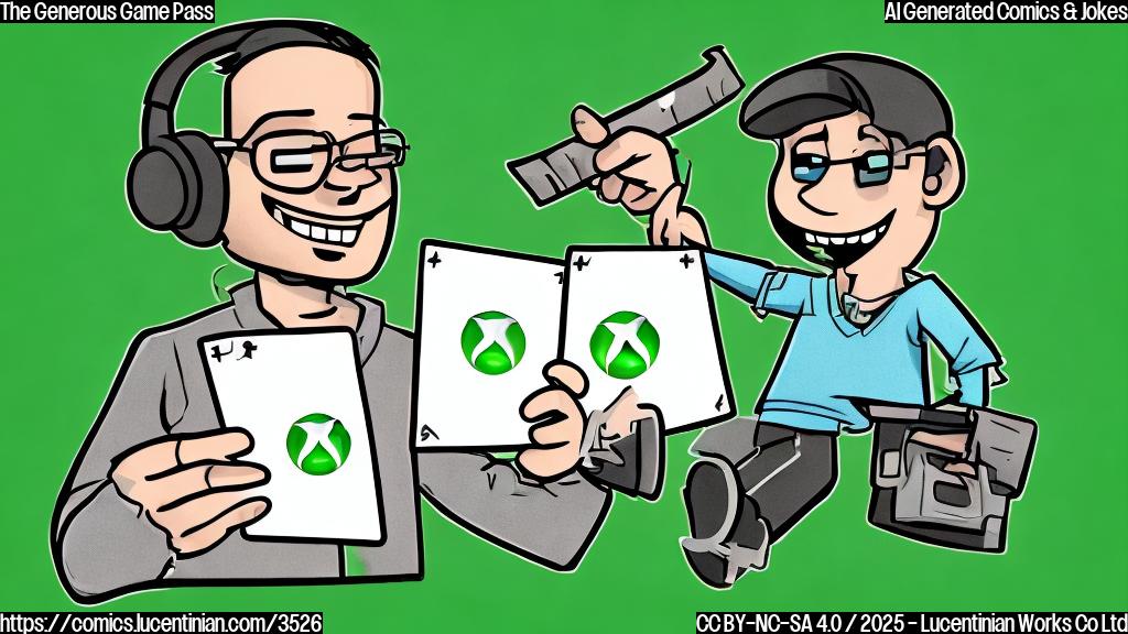 A simple cartoon drawing of a happy gamer with two Xbox Game Pass cards in their hands, against a plain light green background.  The gamer should be a simple stick figure, with their arms outstretched to display the cards. The cards should have a simple Xbox logo. The style should be minimal, plain colors.