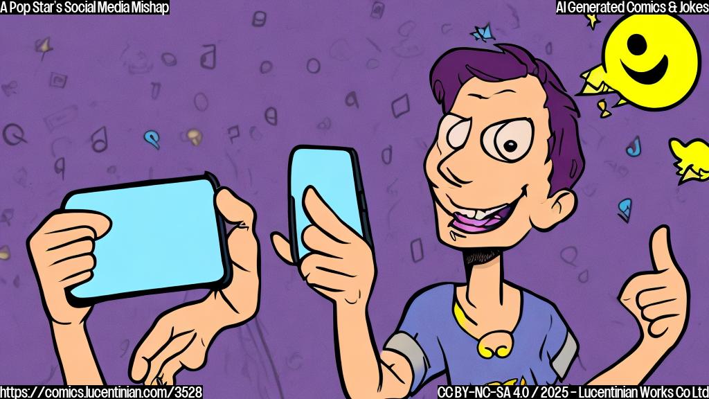 A cartoon of a pop star with large eyes and surprised expression, in plain purple color, looking at a smartphone with a social media post displaying a thumbs up icon.  The background should be a plain light blue color.