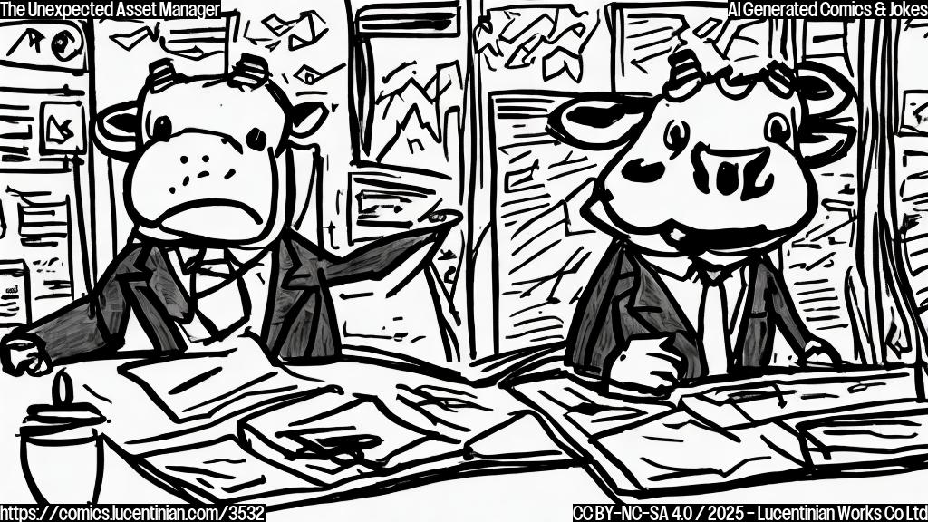 A simple cartoon drawing in plain colors of a cow wearing a suit and tie, sitting behind a large desk with graphs and charts. The cow has a smug expression.