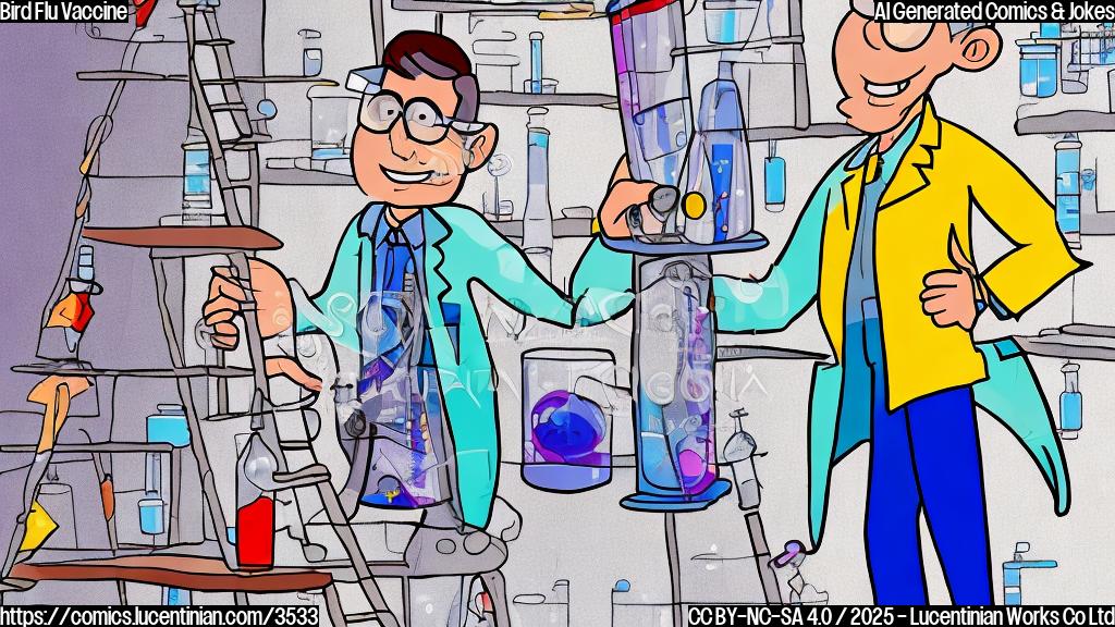 A cartoon drawing of a scientist in a lab coat with a ladder leaning against a very large vaccine vial. The scientist is smiling. The colors are flat and only use primary colors.