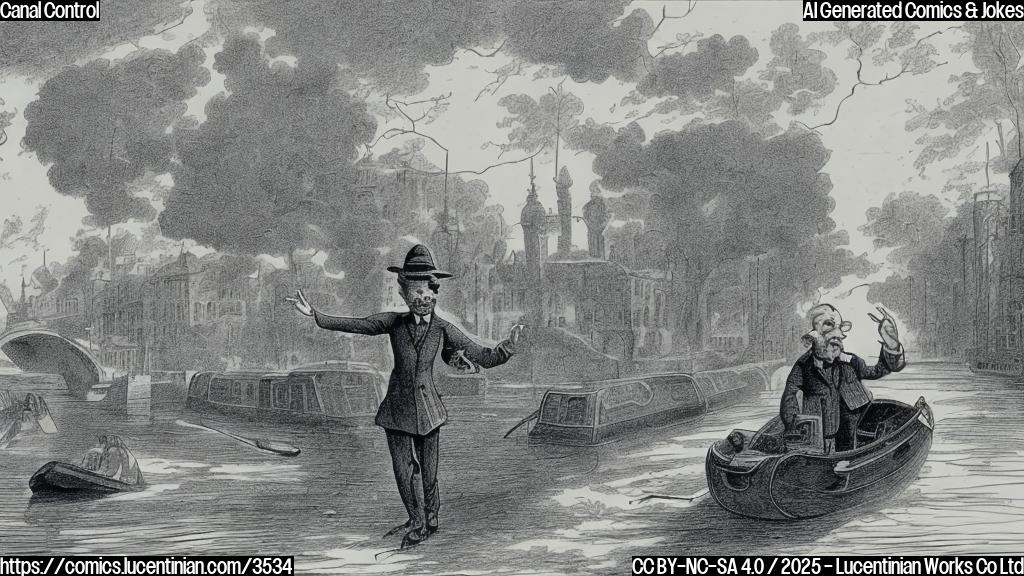 A cartoon drawing of a canal with a small anthropomorphic figure of a canal waving its hand. The background should be light blue, the canal green.