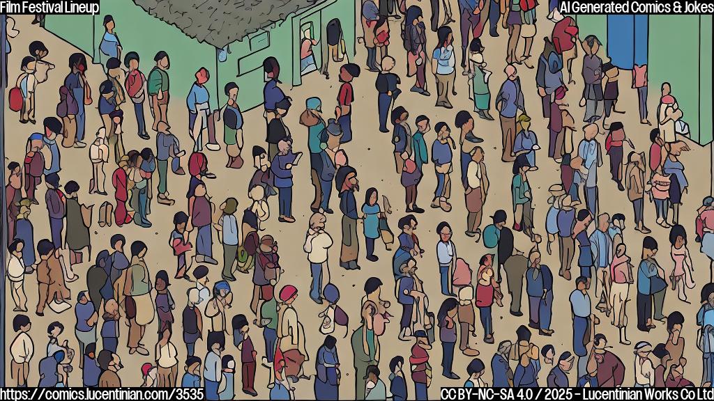 A plain color cartoon of a very long line of people waiting to enter a building.  The building is simple, with a single door and a sign that says "Film Festival". The people in line are simple shapes, all wearing different colored hats.