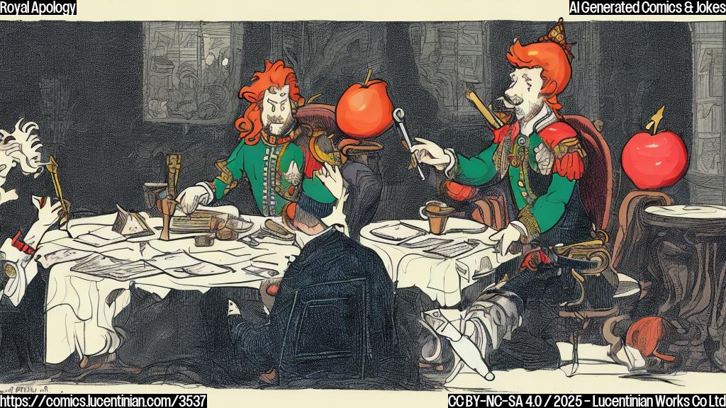 A cartoon drawing in flat color style, a prince with red hair and a crown sits at a table across from a publisher with a cigar and a newspaper. The publisher offers a red apple to the prince, labeled 'Apology'. The background is a plain light yellow.