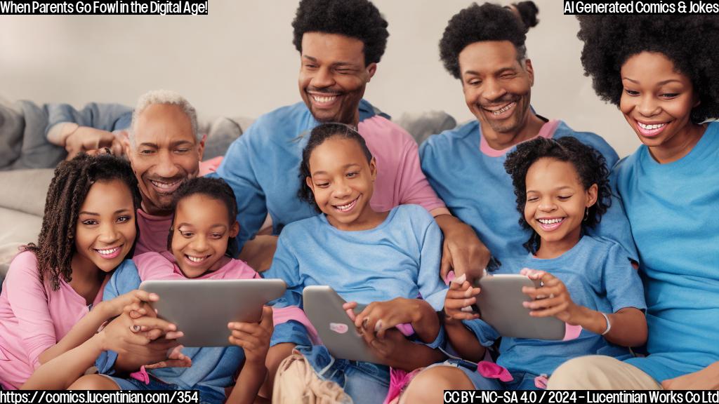 a cartoon-style image of a happy family sitting together on a couch, with one parent holding a tablet and smiling at another parent who is playfully rolling their eyes, while the background features colorful animated shows and games from the Chick-fil-A Play app