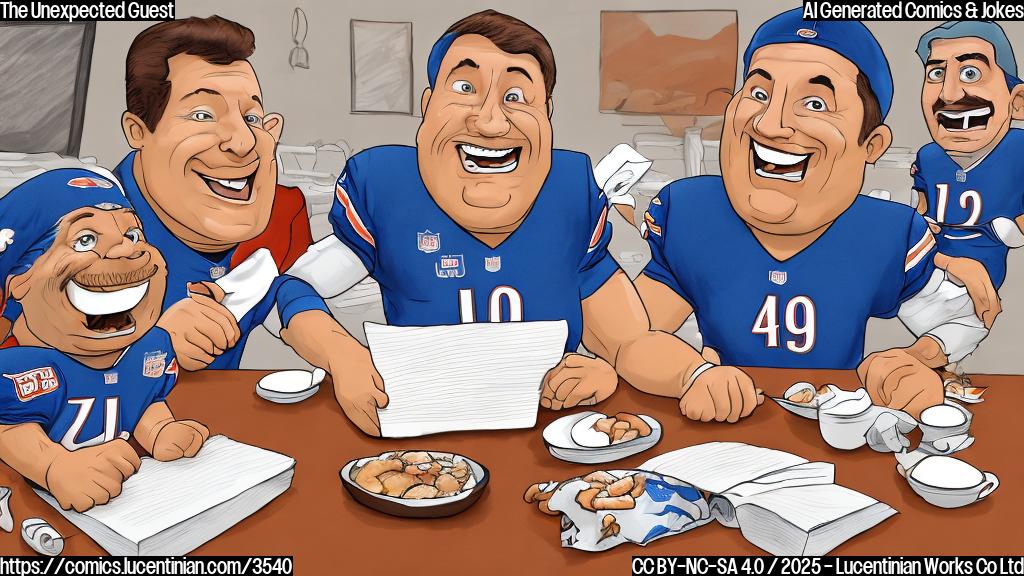 A cartoon drawing of a surprised-looking football fan in Detroit Lions attire sitting at a dinner table, and an excited-looking football coach in Chicago Bears attire is standing next to the table holding a cookbook, all in a plain color scheme.