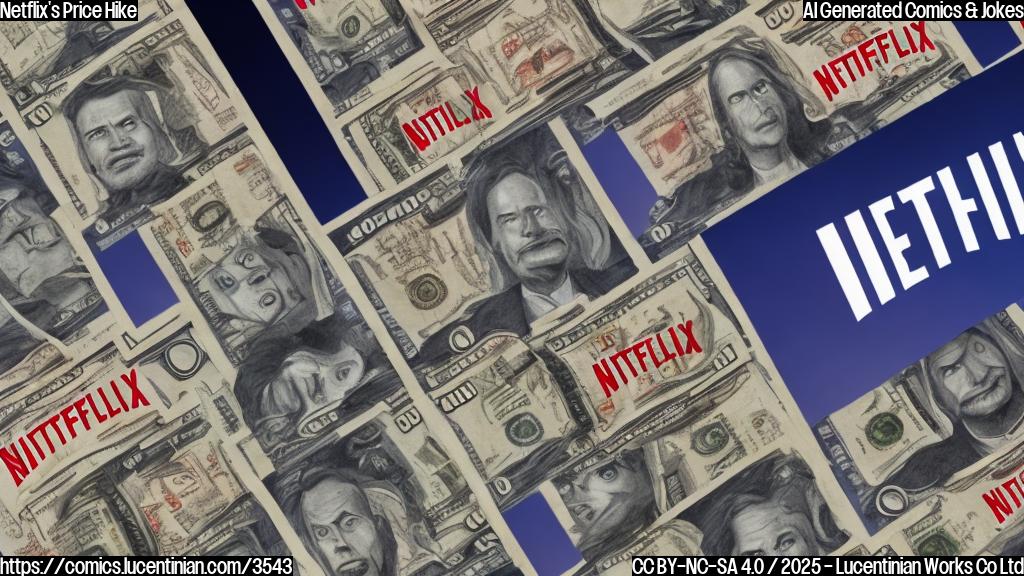 A cartoon drawing of a plain color depicting a Netflix logo on a giant TV screen, with a stack of money rising from the bottom, while on the sides several smaller cartoon TV screens showing exaggerated angry faces yelling at each other.