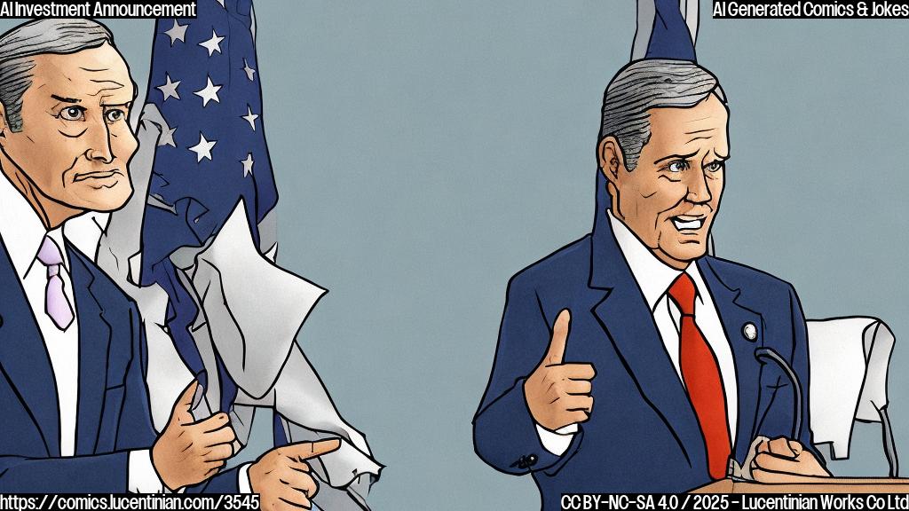 A cartoon drawing in plain colors of a politician in a suit, standing behind a large podium with a screen displaying the number "$500B".  The politician looks very pleased and is gesturing towards the screen. The background is plain.