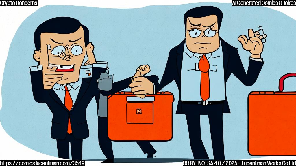 A cartoon drawing of a worried-looking businessperson in a suit clutching a briefcase labeled "crypto" next to a large, orange, cartoonish hand reaching for the briefcase. The style should be simple, flat colors, and minimal details. The background should be a plain light gray.