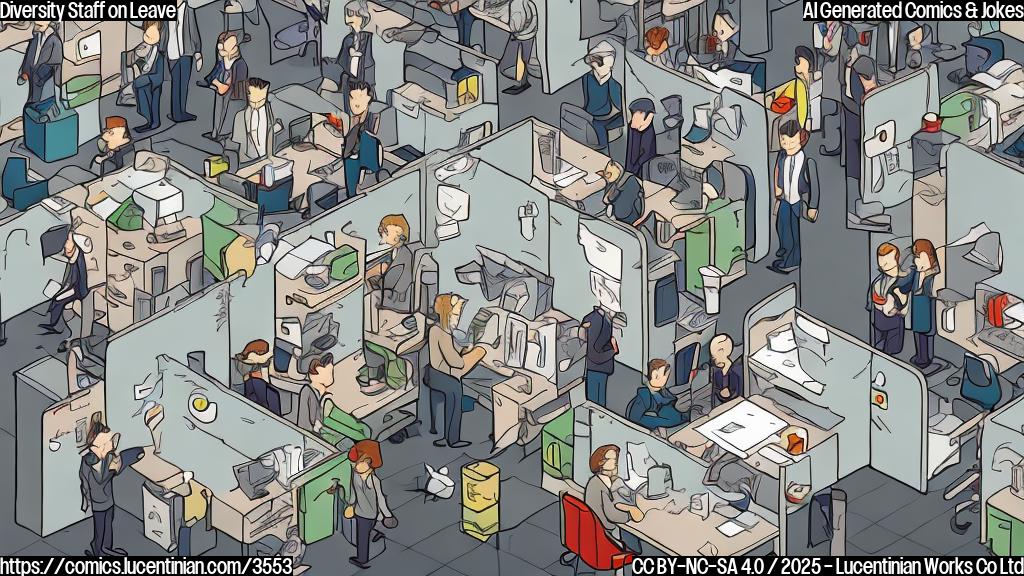 A cartoon drawing in a plain color style. One big office with many small cubicles and the main character is standing in the middle in a suit and with an angry face.  Other people in cubicles are looking happy.  Simple background.