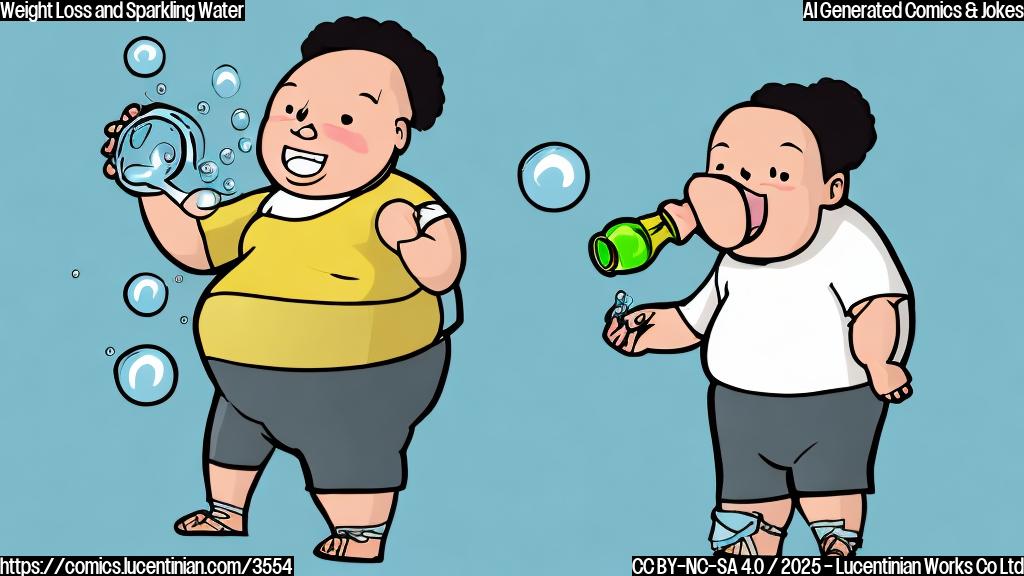 A simple cartoon of an overweight person joyfully drinking from a bottle of sparkling water with bubbles, drawn in a plain color style.