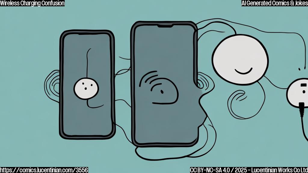 A simple cartoon of a smartphone with a frustrated expression, connected to a wireless charging pad that looks confused, all in plain colors. Background is plain white.