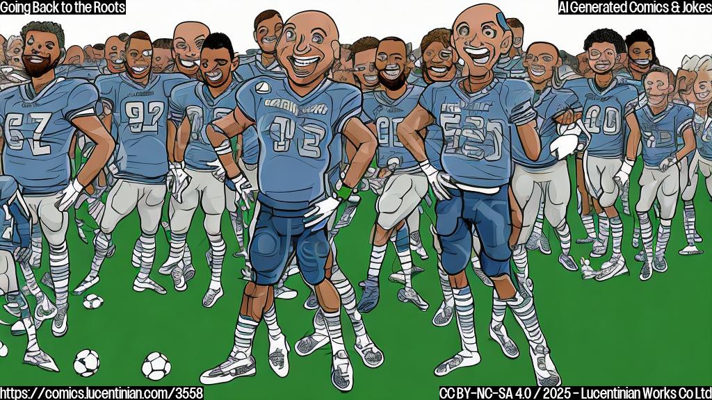 A simple cartoon drawing of a football coach with a friendly smile, wearing a team jacket, and pointing towards a group of diverse football players. Background is plain color, only several lines showing the outlines of the players, coach and the field. Colors are mainly green and blue.