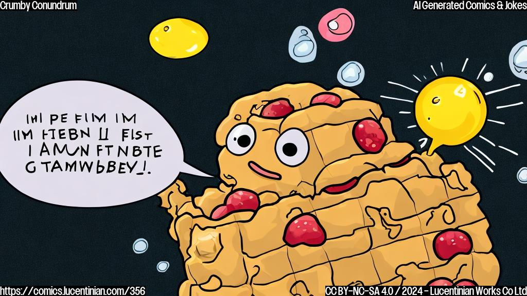 A cartoon of a sad-looking, crumpled waffle with a thought bubble containing a speech bubble that says "I'm feeling crumby" surrounded by tiny listeria bacteria in the background.