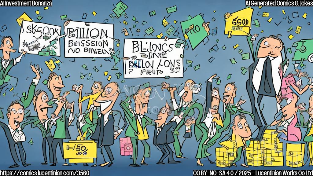 A cartoon of several stick figures in business suits dancing wildly at a party, with a giant "$500 Billion" check in the background. Use a plain color palette of blues, greens, and yellows.