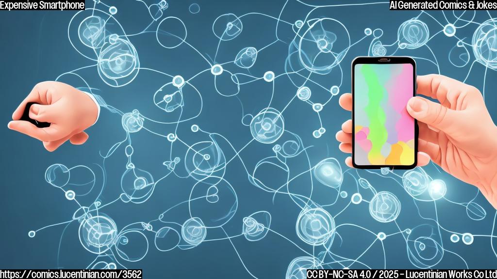 A simple cartoon of a person selling a kidney to buy a smartphone with camera icons floating nearby. Simple background, plain colors