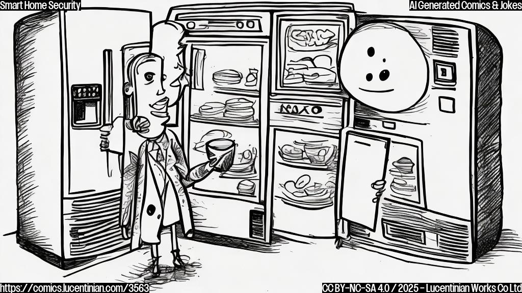 A cartoon drawing of a refrigerator with a surprised face, holding a phone to its ear, with a simple background. The style should be plain color cartoon.