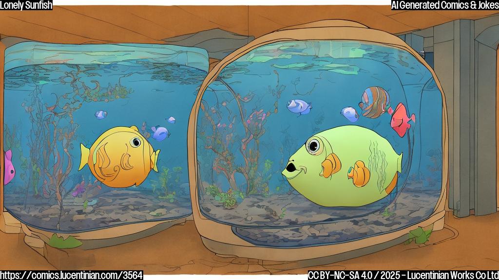 A cartoon of a sad, large, round fish with big eyes looking at a empty aquarium, and some cut-outs of humans are shown in the background.