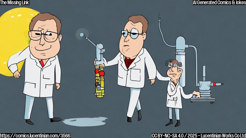 A simple cartoon drawing, plain colors, showing a sad-looking scientist walking away from a large, friendly-looking magnet. The scientist is wearing a lab coat and glasses. The background is a plain light blue.