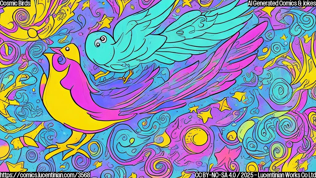 A simple cartoon drawing of a cartoon bird with large colorful eyes and wings of space-themed colours, flying across the background of a cartoon galaxy. Use a limited number of colors (3-4) in plain color style.