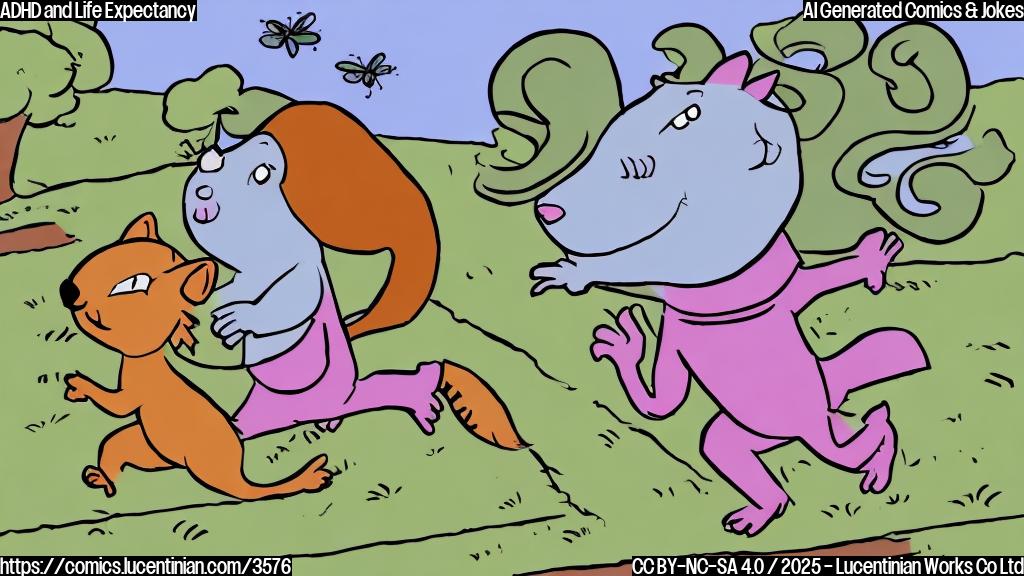 A simple cartoon drawing of a person running across a road, distracted by a squirrel and a butterfly in plain colors.