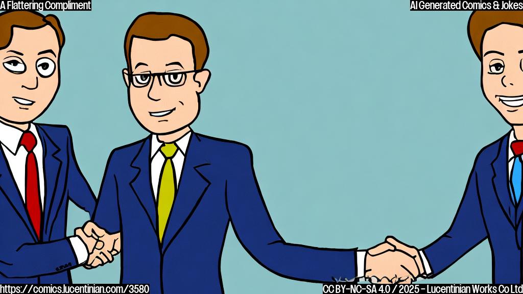 A simple cartoon of two businessmen in plain suits shaking hands. One is slightly taller than the other. The background is a plain light blue color.  Style: simple cartoon