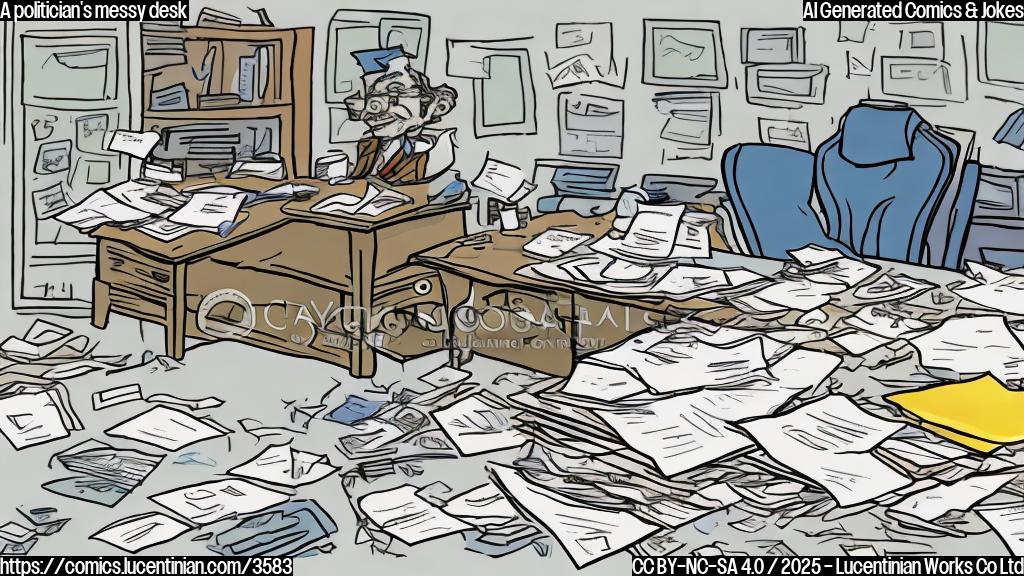 A cartoon drawing in plain colors of a messy desk with papers and pens scattered everywhere.  A small figure of a politician is sitting behind the desk, looking smug.