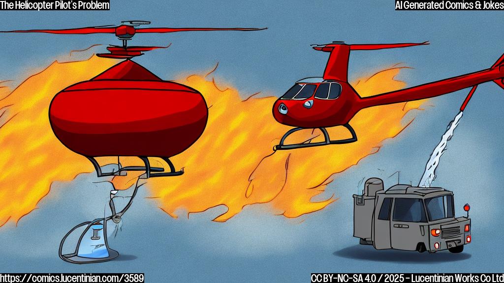 A cartoon drawing of a helicopter dropping a water bucket from its underside. The helicopter is red and white, and the bucket is dark blue. The background is a plain orange color representing fire.