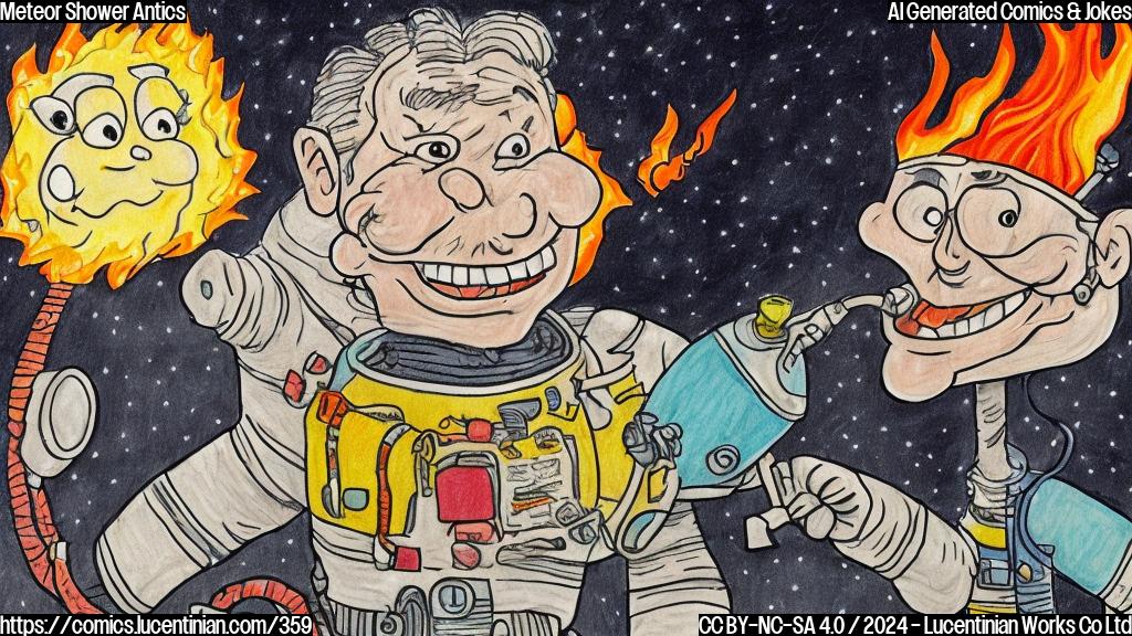 Draw a cartoon style picture of a smiling comet with a therapist in the background, both wearing silly expressions. The comet should have flames coming out of its head, and the therapist should be holding a fire extinguisher.