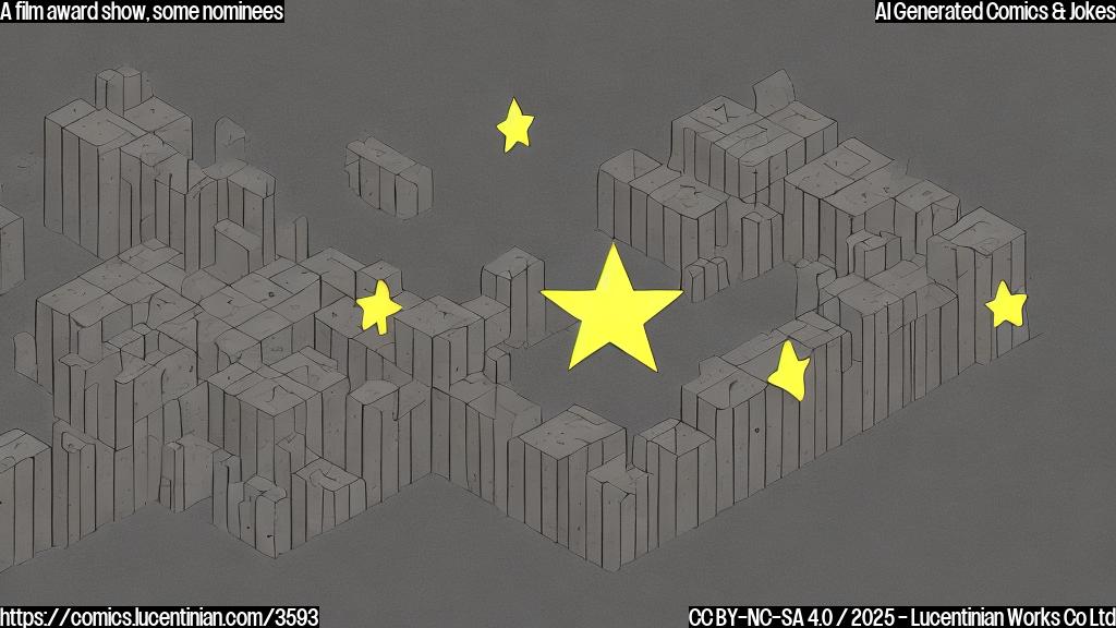 A simple cartoon drawing of a building made of concrete blocks, with several gold stars or awards floating around it. The style should be plain color, without shading or complex details.