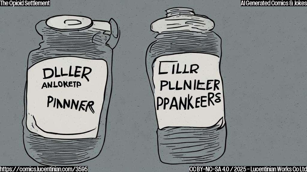 A simple cartoon drawing in plain colors of a pill bottle labeled "Painkillers" with a large dollar sign on it, sweating profusely. The background is plain white.