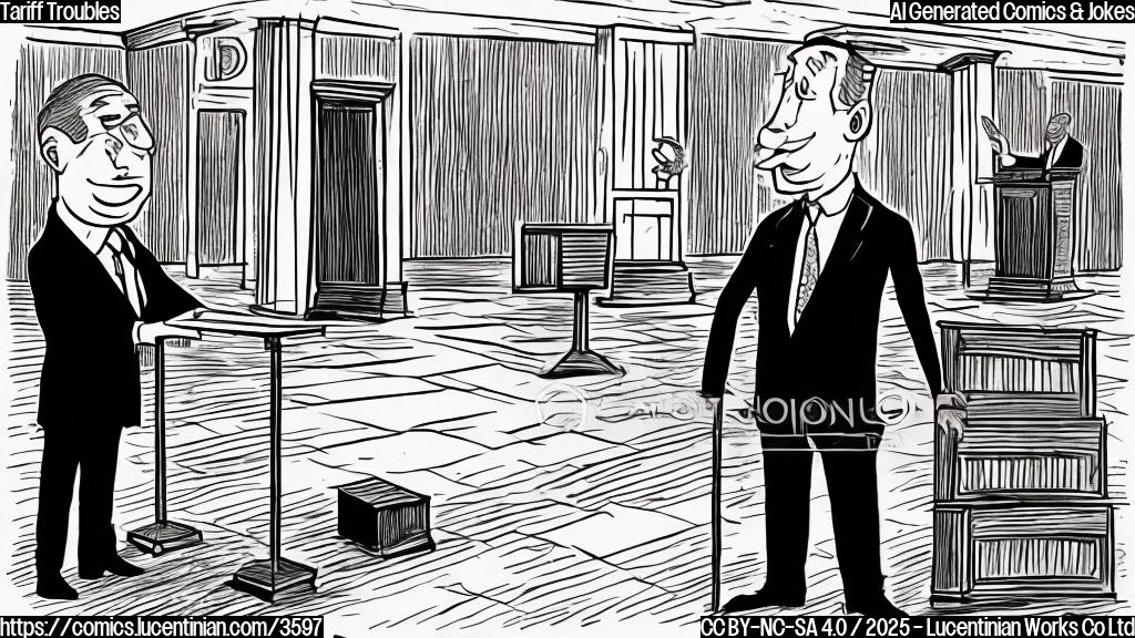 A cartoon drawing in plain colors of a businessman carrying a ladder into a conference hall where a person wearing a suit and tie is standing behind a podium