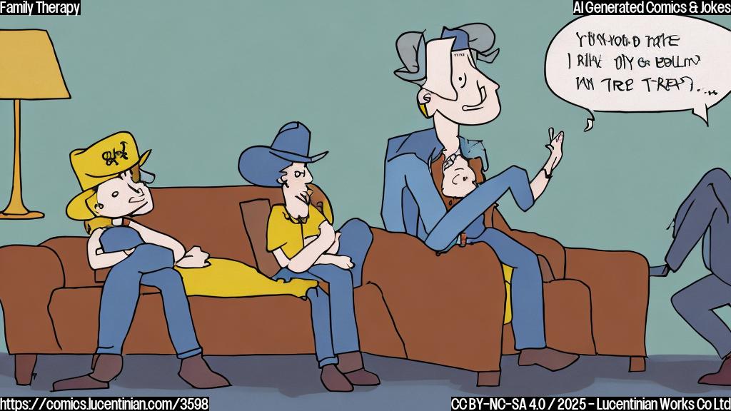 A simple cartoon of a son sitting on a couch, talking to a therapist while a blurry image of a distressed person wearing a cowboy hat is seen in the background.  The color scheme should be various shades of blue and beige.