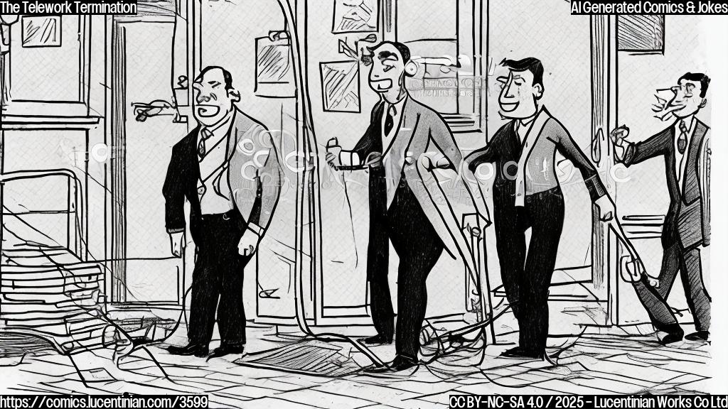 A simple cartoon drawing of a person in a suit and tie looking sad and defeated, being forcefully dragged back to an office building by a large hand. The scene is plain colored and only using 4-5 colors