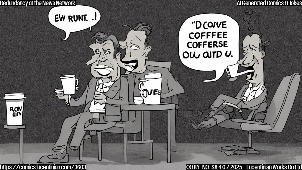 A cartoon drawing, plain colors, of a sad-looking news anchor sitting at a desk, empty coffee cup in hand, with a cartoon speech bubble above their head saying “I’ve run out of coffee!”