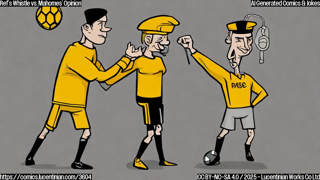 A simple cartoon drawing in plain colors, showing a football referee holding a whistle, shaking his head, with a small figure of a football player standing nearby in a frustrated pose, both against a plain light-yellow background.