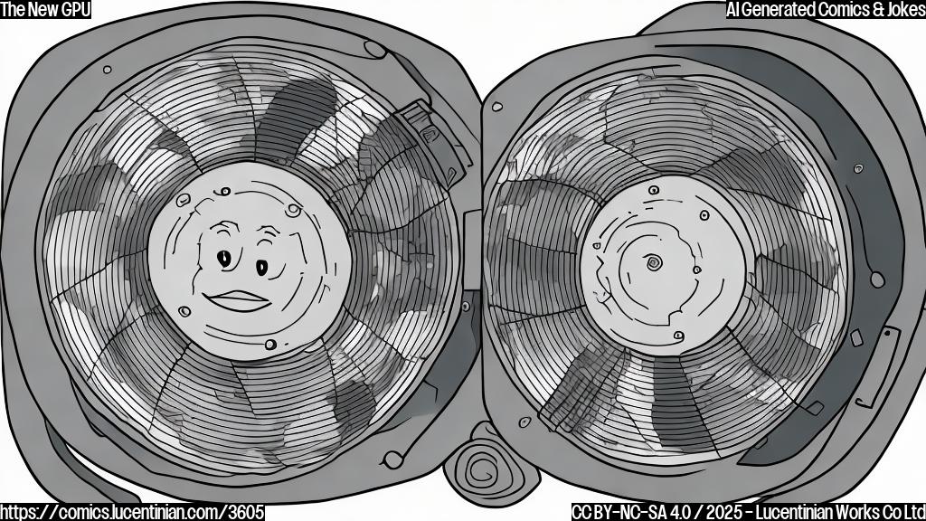 A cartoon of a smiling computer graphics card with multiple fans, plain colors, simple background