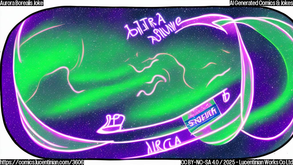 A cartoon drawing in plain colors, showing a stylized aurora borealis with a speeding ticket attached to it. The aurora is depicted as a playful, curvy ribbon of green and purple light. The ticket is a simple rectangle with some scribbled text, showing a happy face.